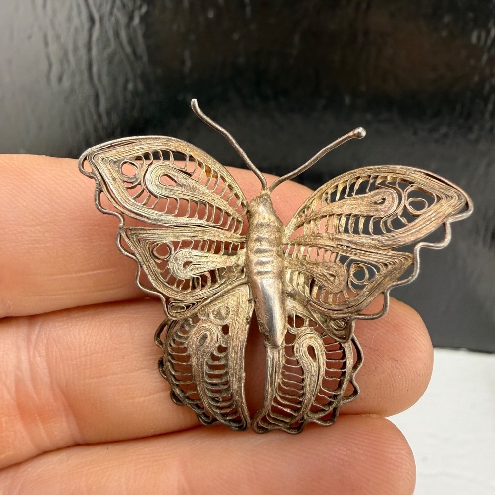 Vintage Mexican Spun Silver Filigree Butterfly Brooch